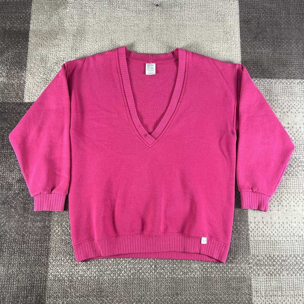 Vintage Russell Athletic V Neck Sweater Mens Size M Made In USA Pink